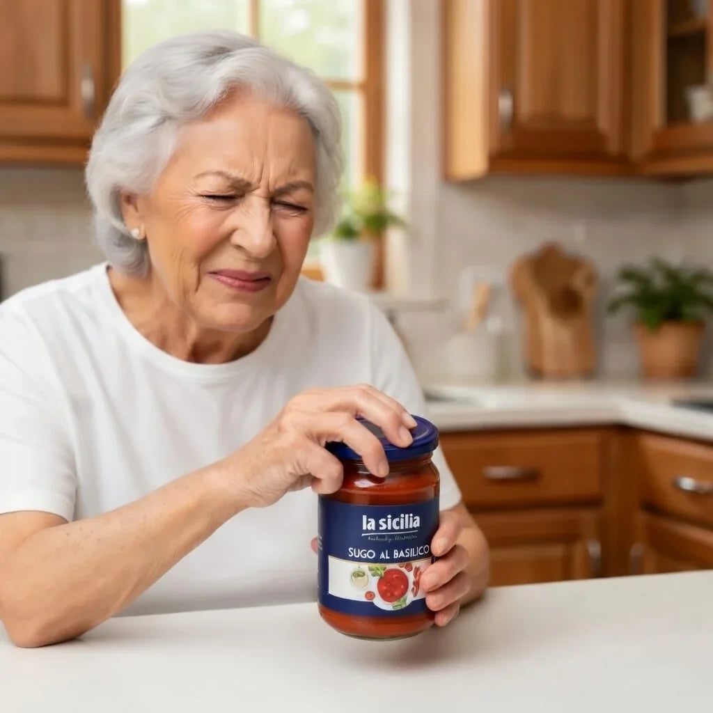 Older woman struggling to open a jar in kitchen, showing difficulty with grip strength.
