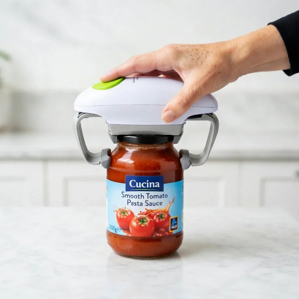Electric jar opener being used on a tomato pasta sauce jar in a kitchen setting
