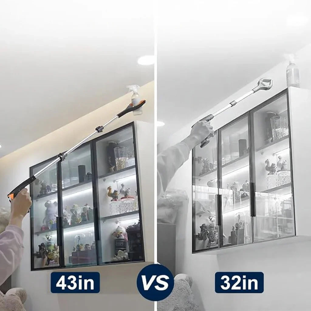 Comparison of 43-inch vs 32-inch reacher grabbers being used to pick up a spray bottle from a high shelf