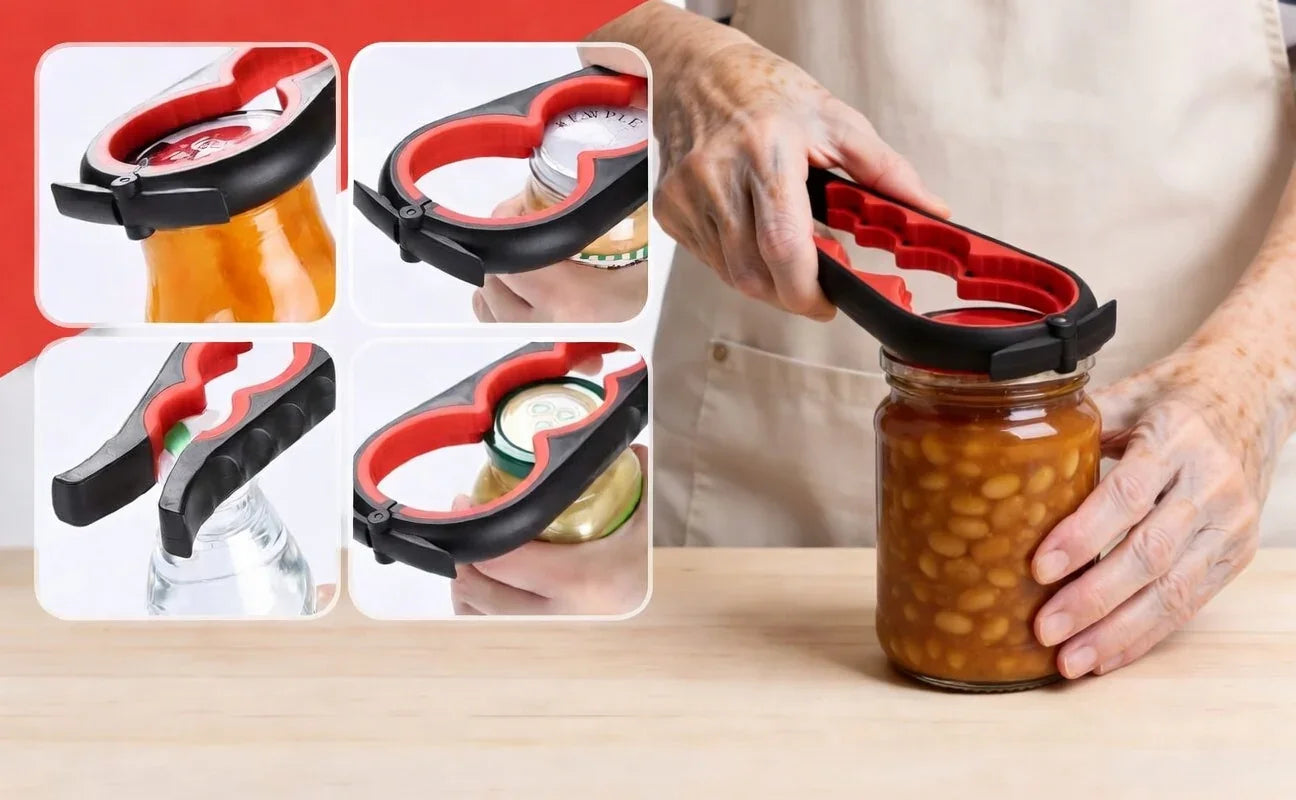 Easy-grip jar and bottle opener tool for arthritic hands, shown opening various lids