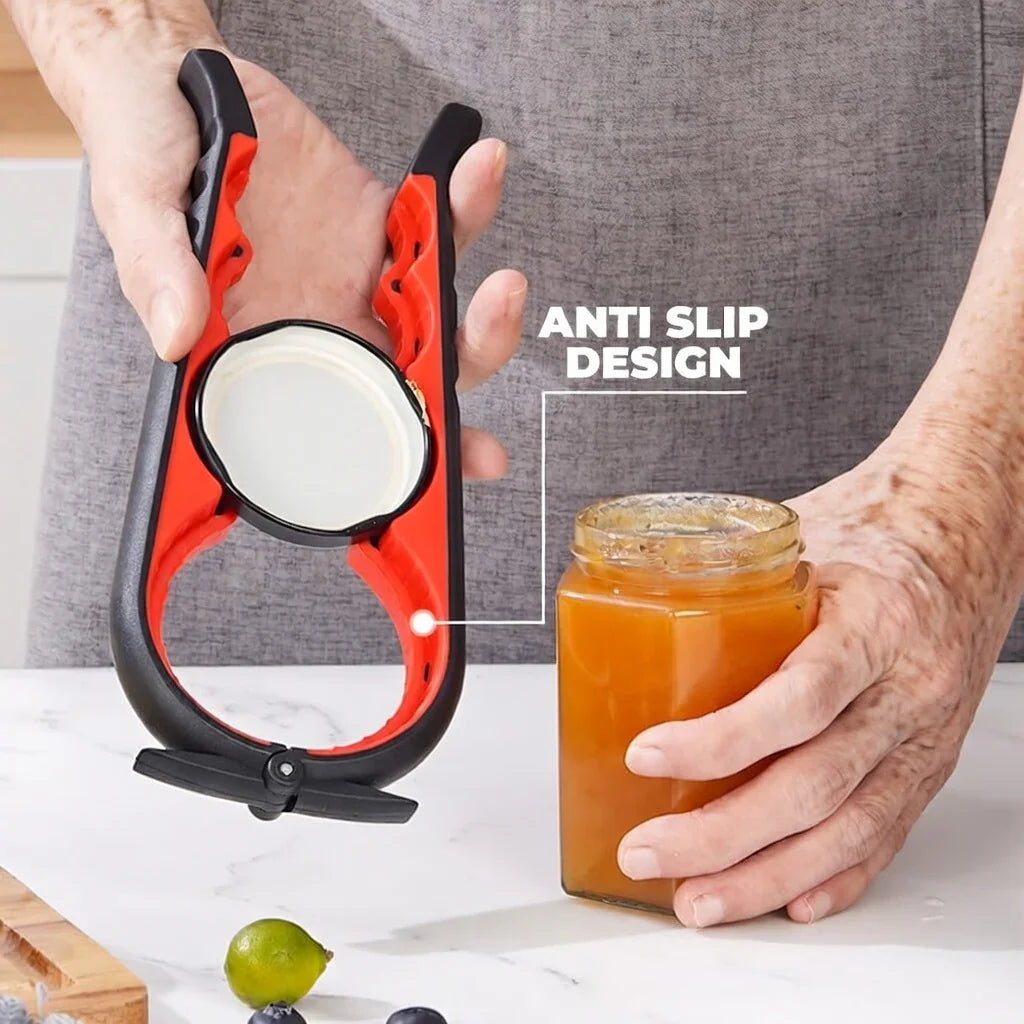 Elderly hand using anti-slip jar opener to open a glass jar on kitchen counter