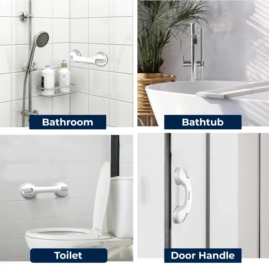 White grab bars installed in bathroom, bathtub, toilet, and door handle for mobility support.