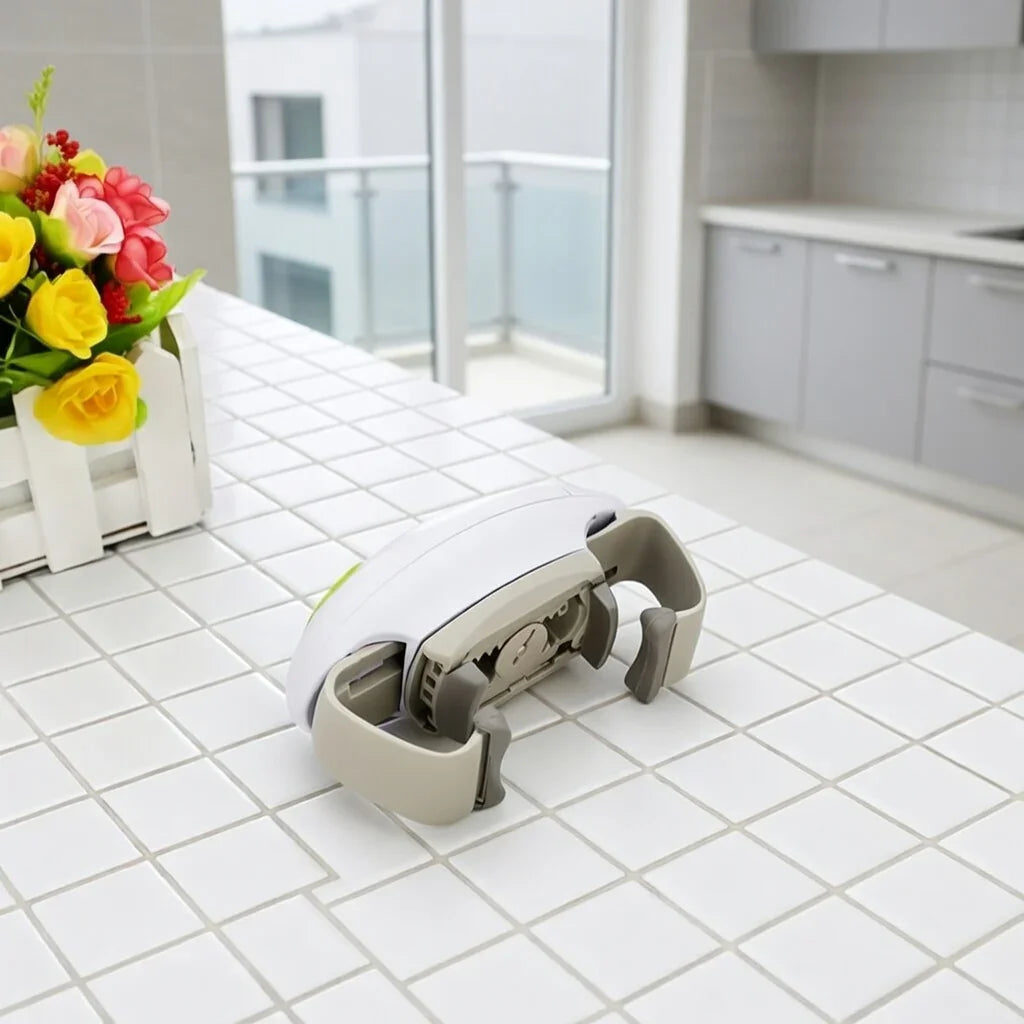 Adaptive jar opener for weak grip on tiled kitchen counter near flowers