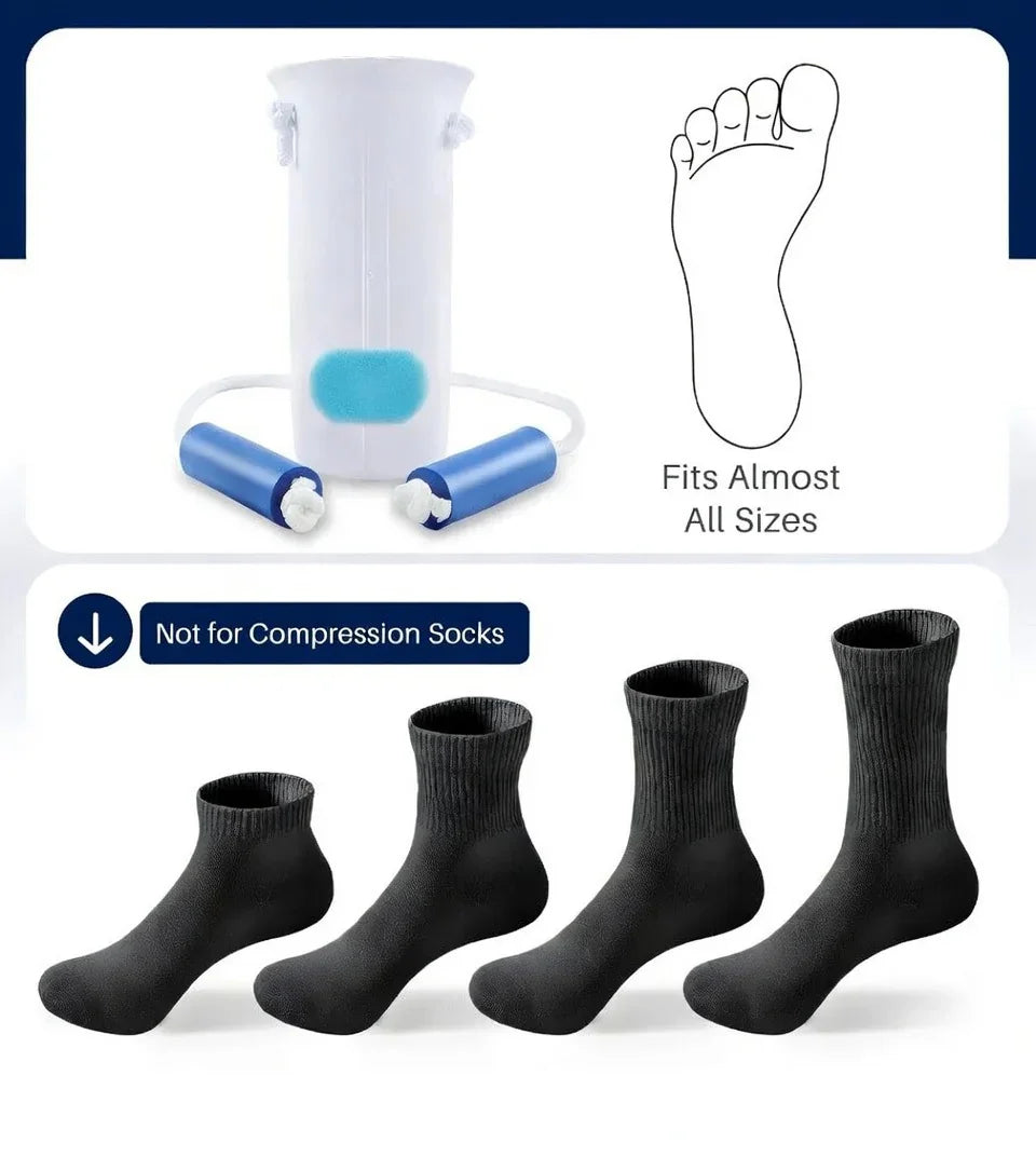 Sock aid tool with foam handles for easy sock wearing, suitable for most foot sizes, not for compression socks.