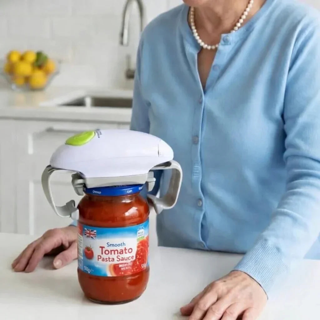 Automatic jar opener for arthritis on tomato pasta sauce jar, used by an elderly woman in kitchen