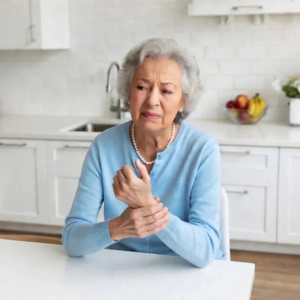 Senior woman in kitchen holding her wrist, showing joint pain or arthritis discomfort