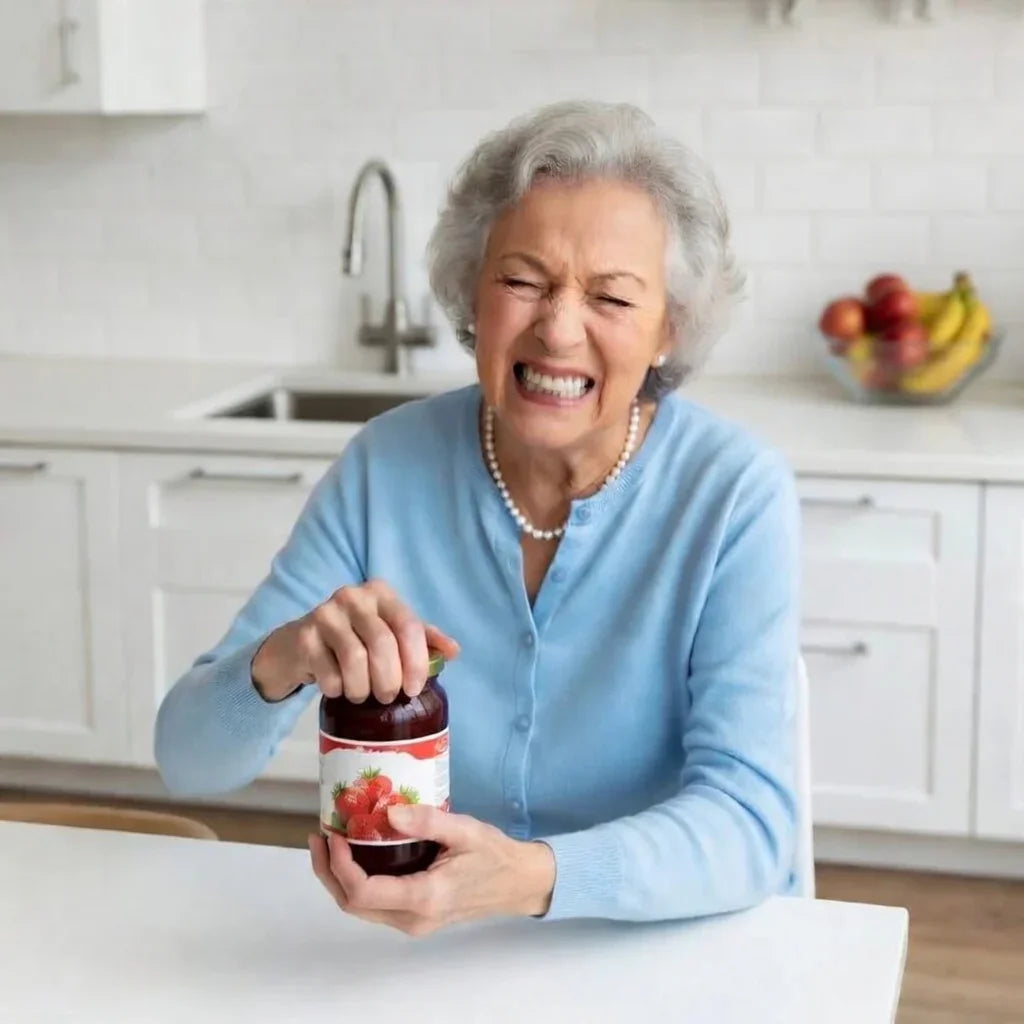 Older woman struggling to open a jar in a kitchen, highlighting grip difficulty challenges.