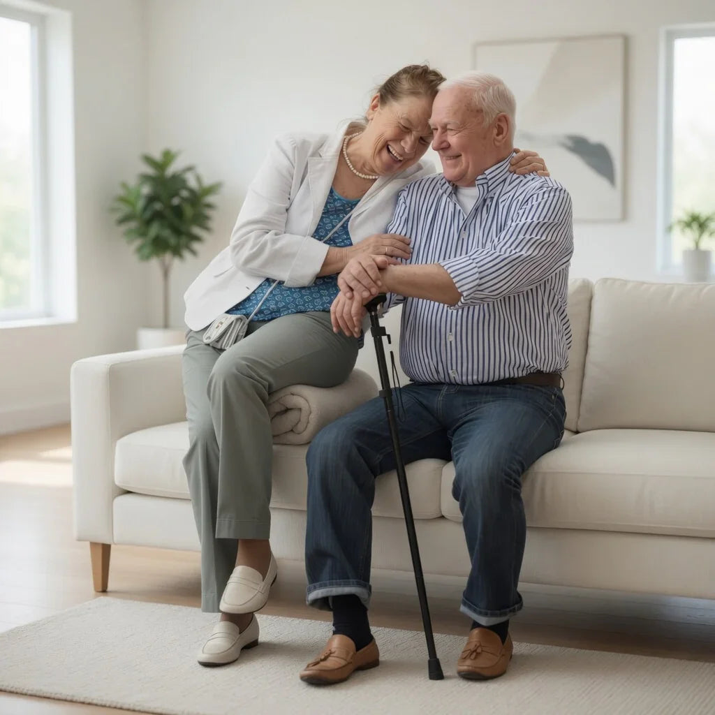 Happy senior couple sitting on sofa, man holding walking cane in bright living room