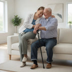 Happy senior couple sitting on sofa, man holding walking cane in bright living room