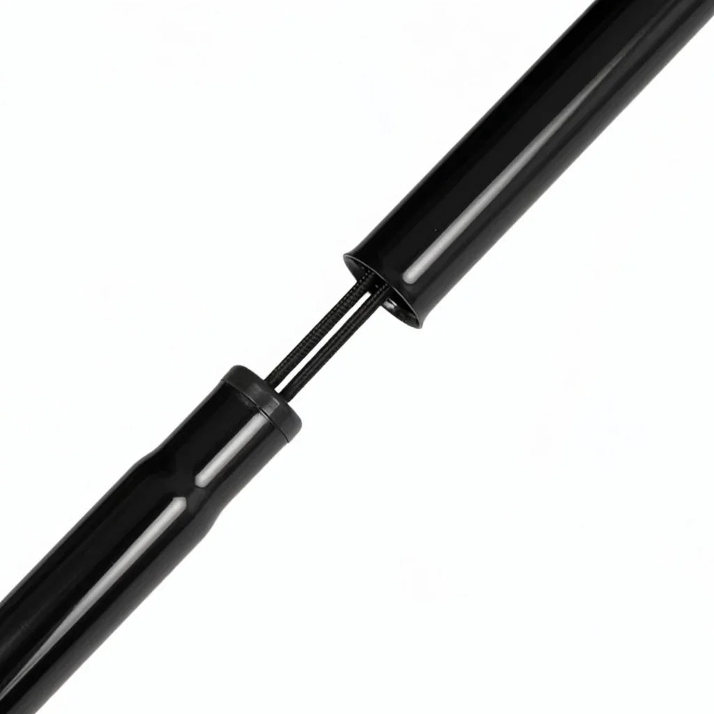 Close-up of a black extendable reacher grabber tool shaft on white background