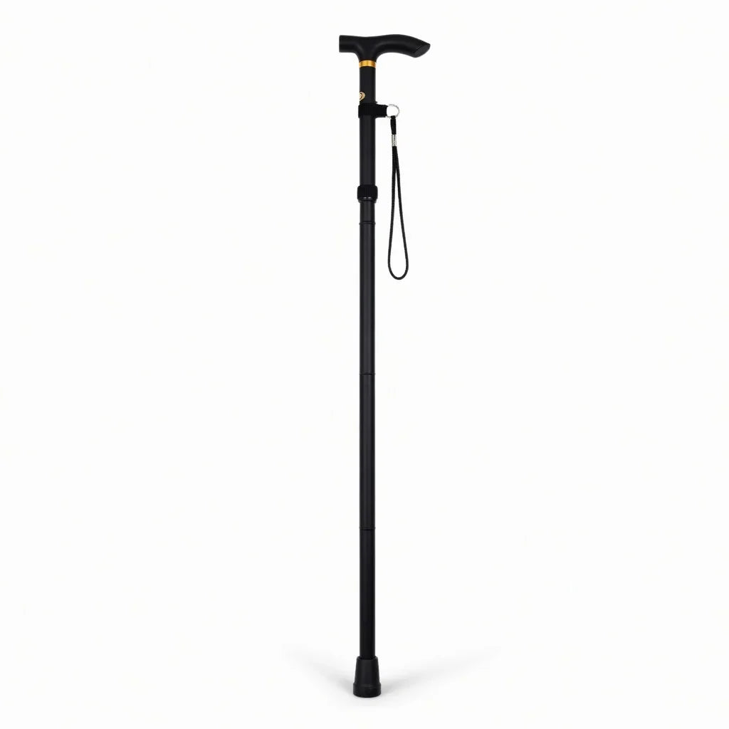 Adjustable black walking cane with ergonomic handle and wrist strap for mobility support