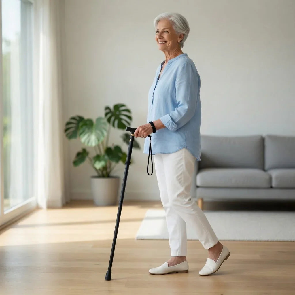 Smiling senior woman using a walking stick for mobility support in a bright living room