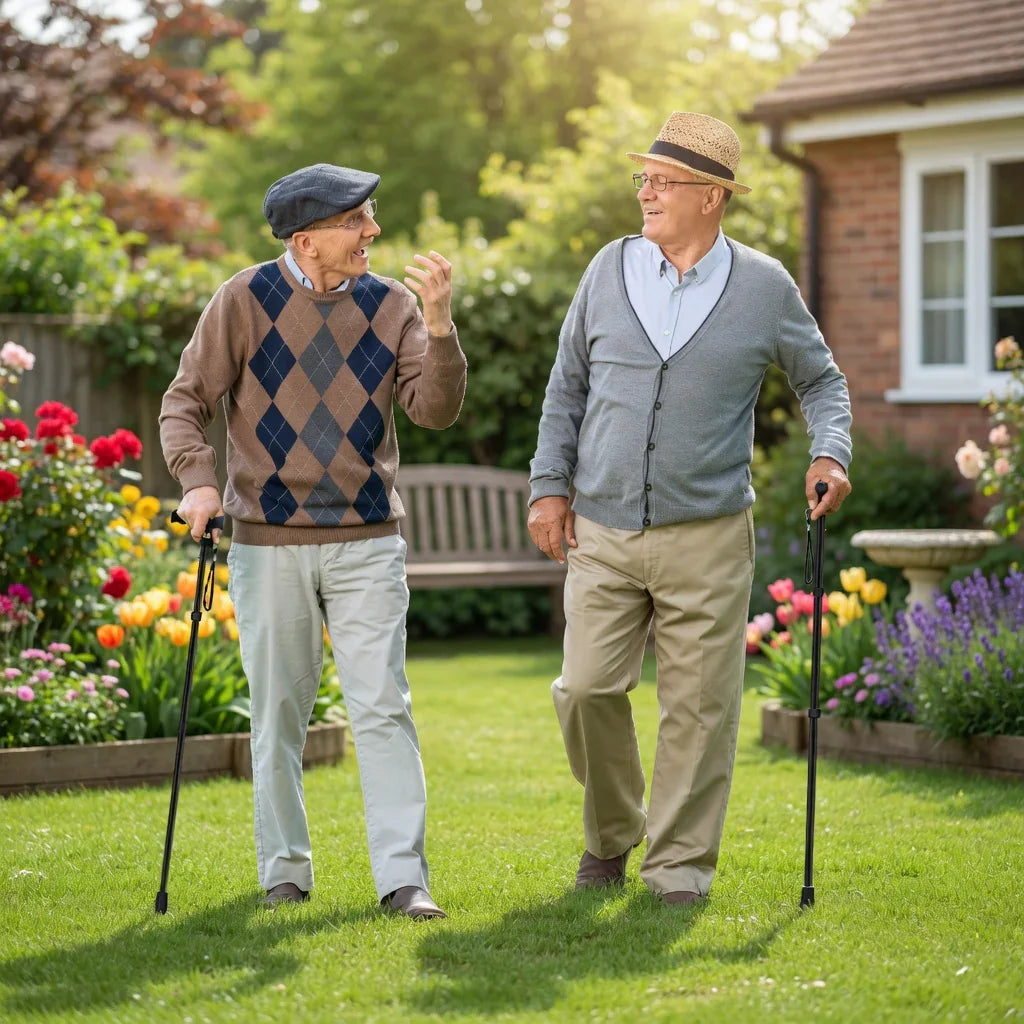 Two elderly men with walking sticks talking and smiling in a sunny garden with flowers.