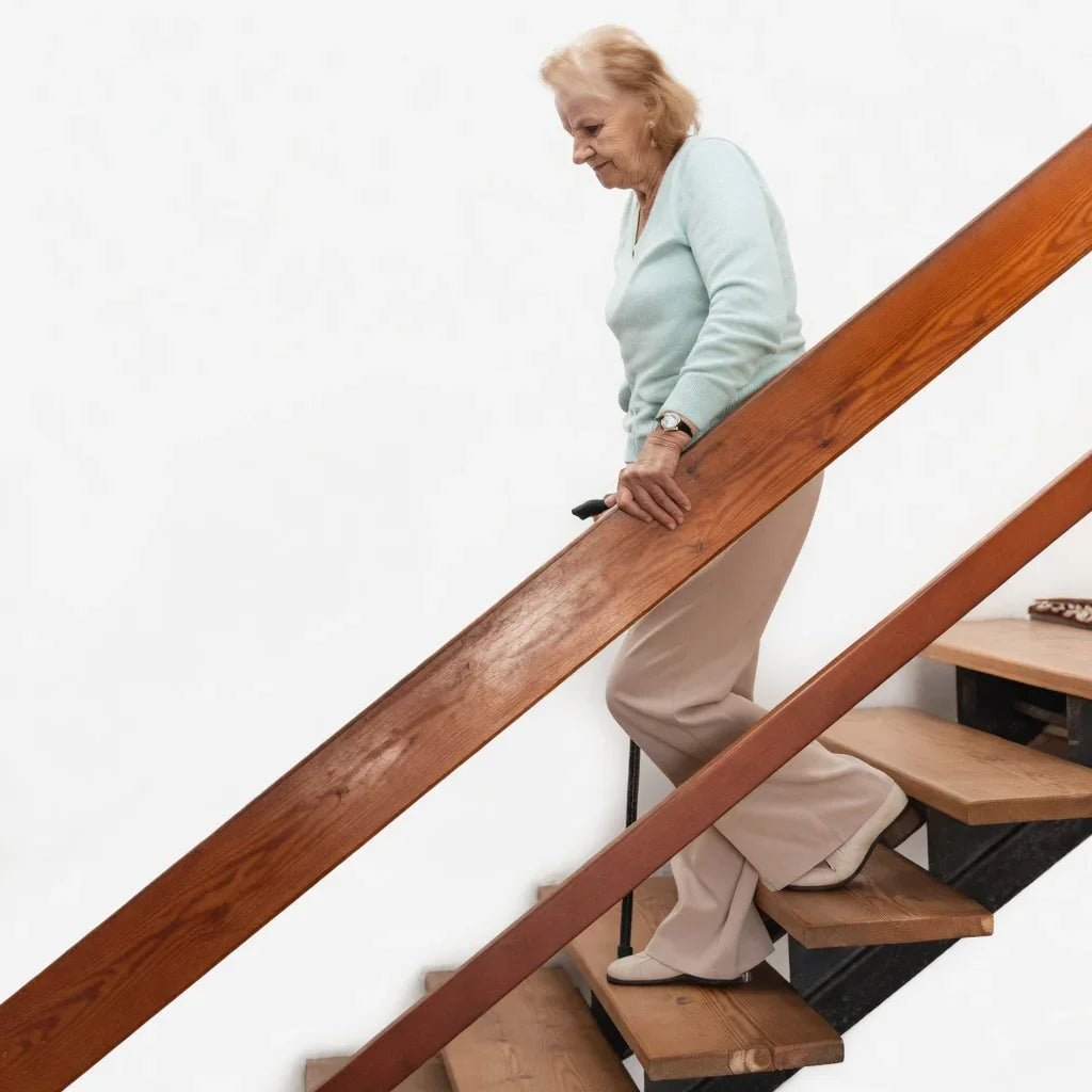 Senior woman using a walking aid while going down wooden stairs, mobility support