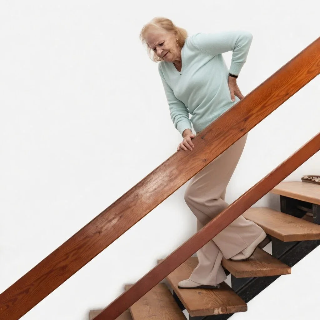 elderly woman with back pain holding railing while going down stairs, mobility aid concept
