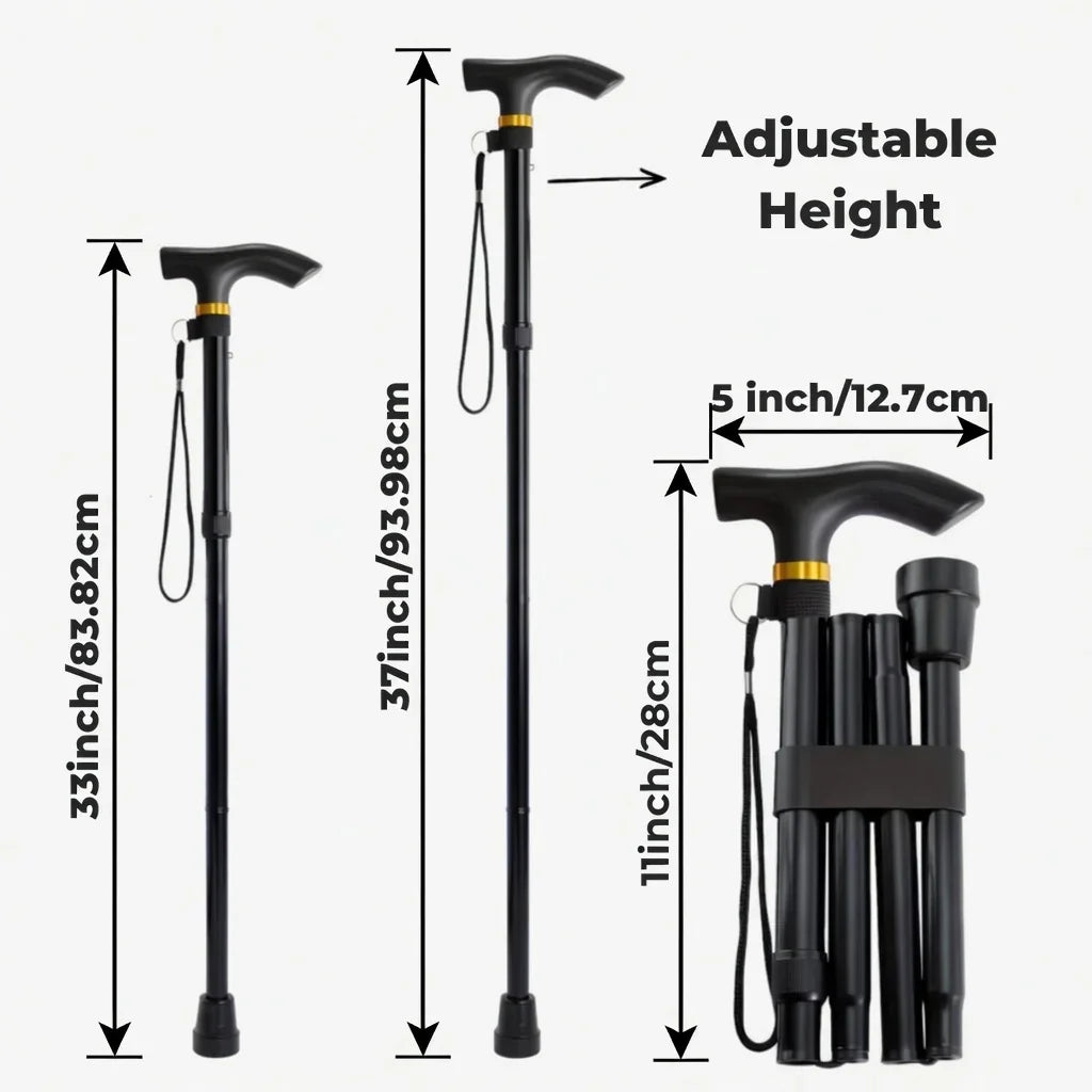 Adjustable folding walking cane with ergonomic handle, shown extended and collapsed with measurements.