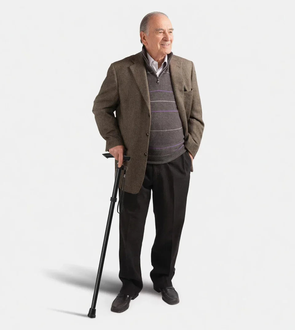 Elderly man standing with adjustable walking cane, dressed in smart casual attire