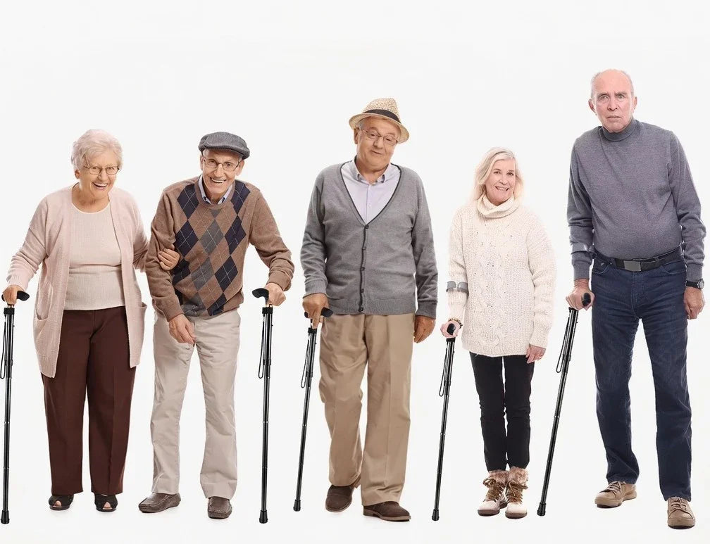 Elderly people standing with mobility aids on a white background