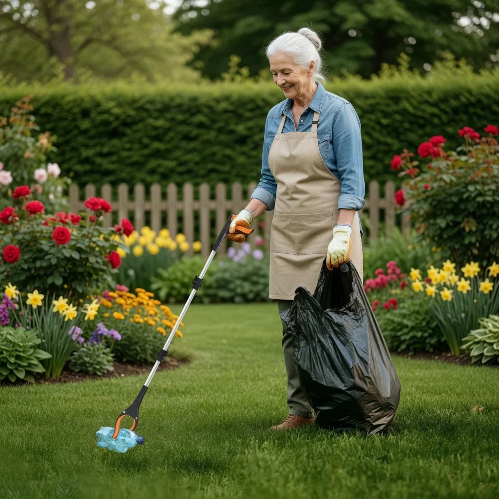 Older woman using ergonomic reacher grabber tool for garden clean-up among colorful flowers.