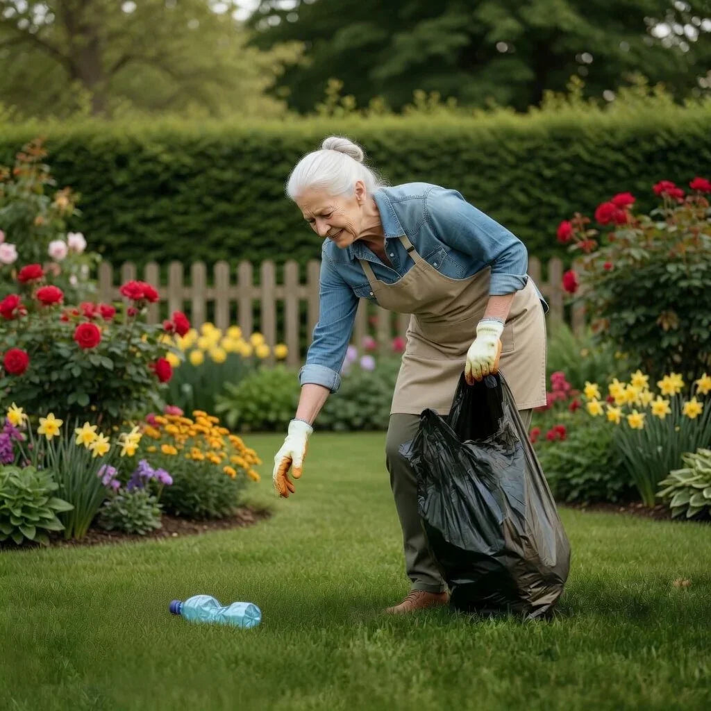 Senior woman wearing gloves picking up litter in a flower garden with a trash bag