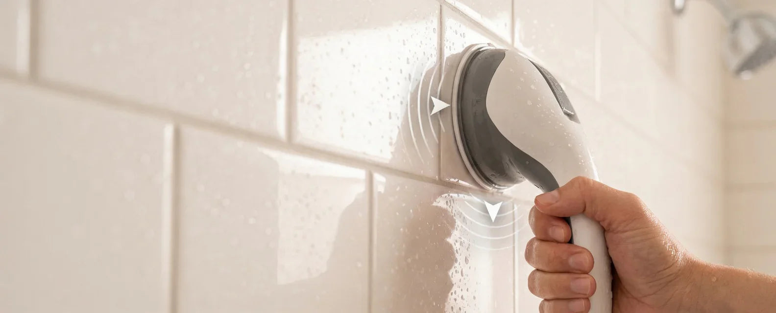 Hand using a suction grab bar on wet bathroom tiles for shower safety and support