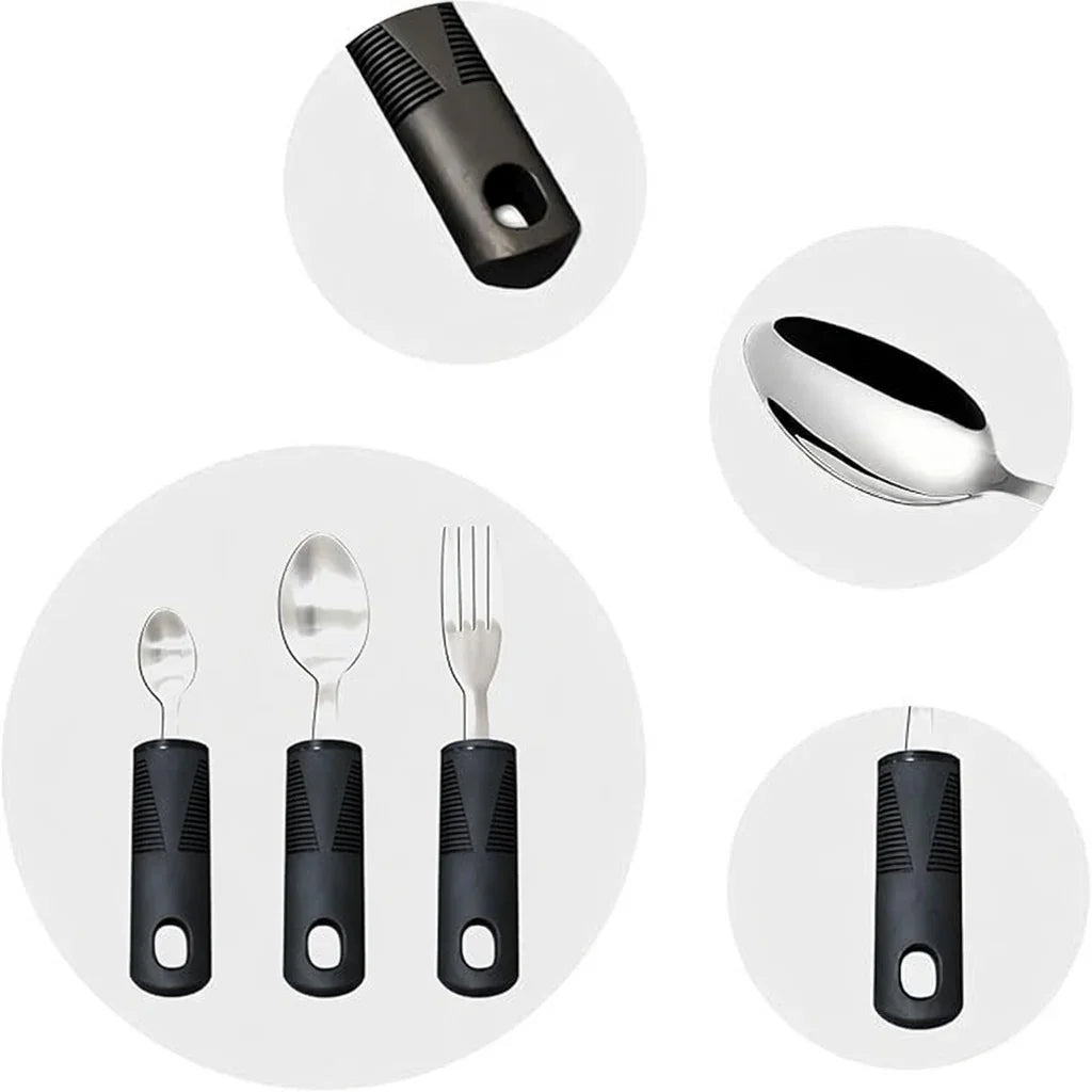 Adaptive cutlery set with ergonomic non-slip handles for easier grip, including spoon, fork, and teaspoon