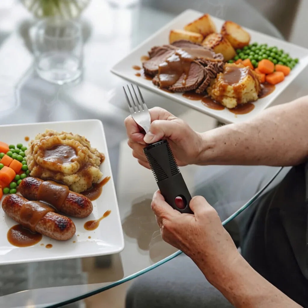 Person using an adaptive fork with ergonomic handle to eat a meal with vegetables and gravy.