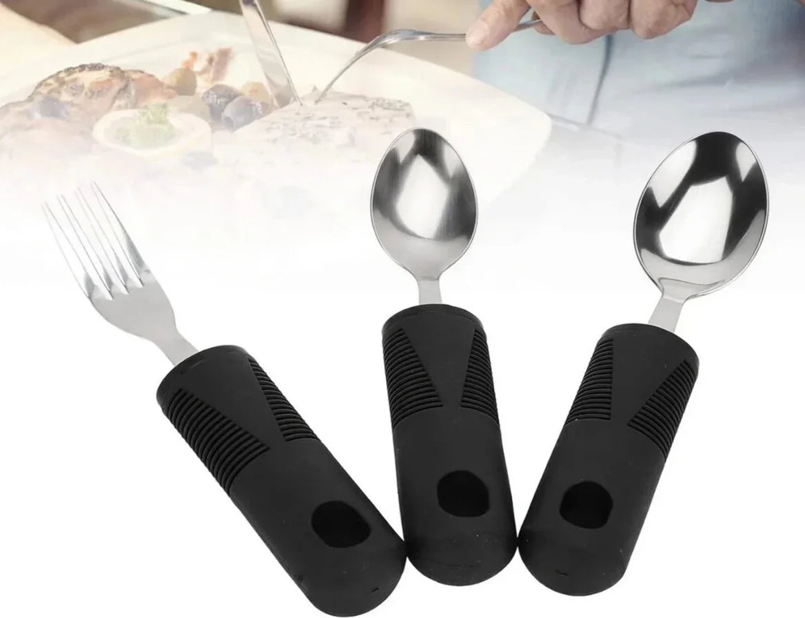 Adaptive cutlery set with black ergonomic handles for limited mobility or arthritic hands