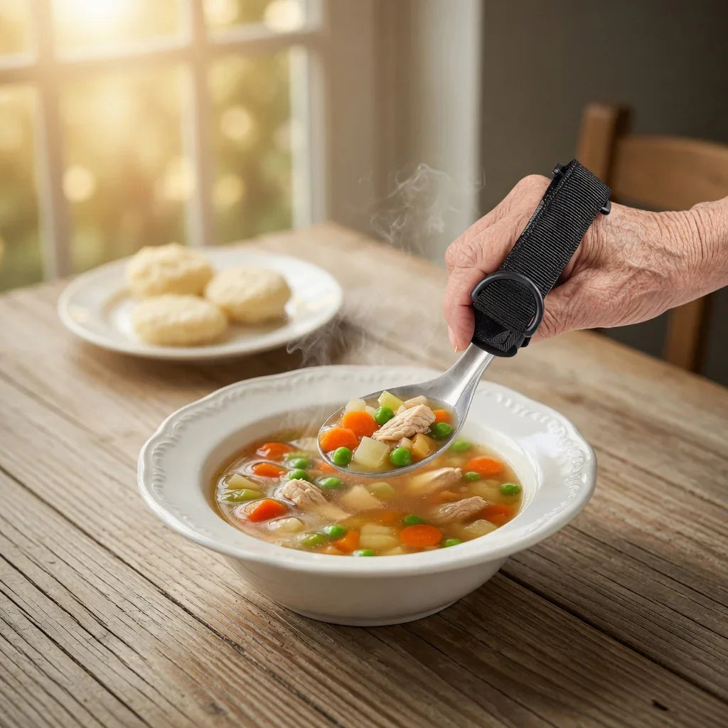 Hand using adaptive utensil with strap to eat soup from bowl on wooden table