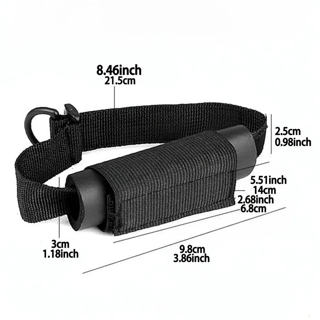 Black adaptive aid strap with padded handle, D-ring, and measurement labels for dimensions