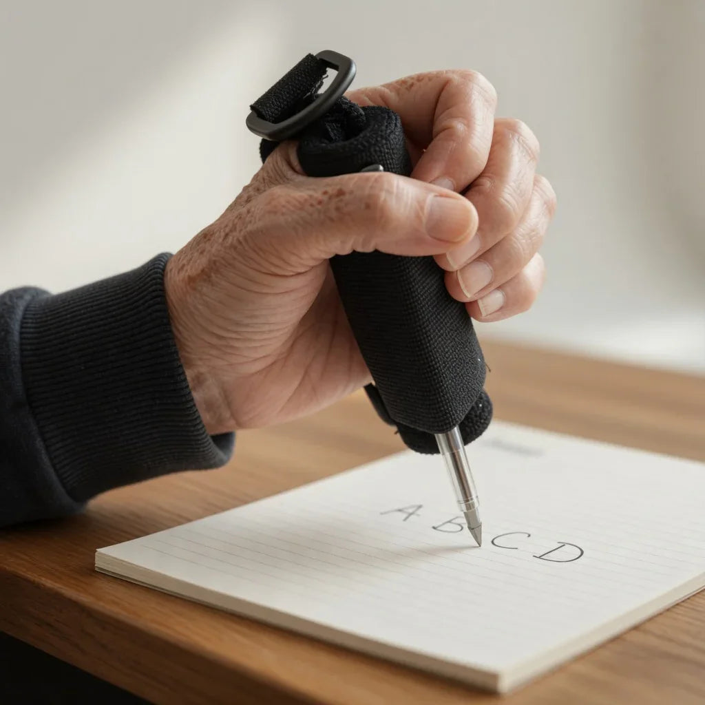 Hand using adaptive pen grip aid to write letters on lined notebook, mobility support tool