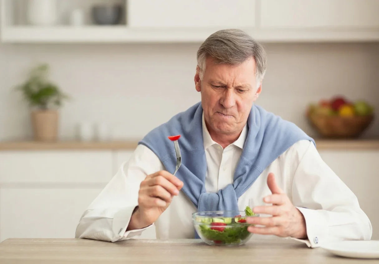Older man with stiff hands struggling to eat salad with fork at kitchen table
