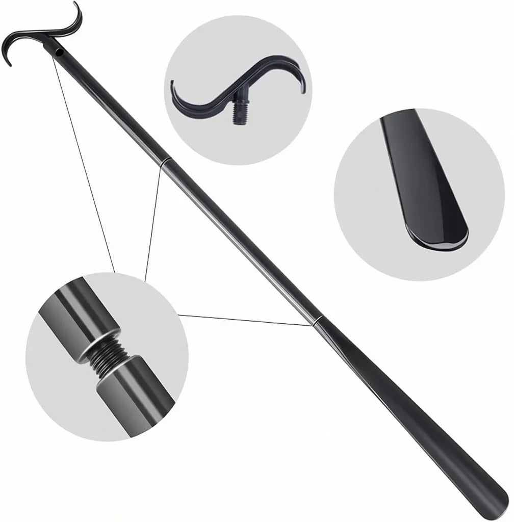 Adjustable black reacher stick with hook, ergonomic grip, and detachable design for mobility aid