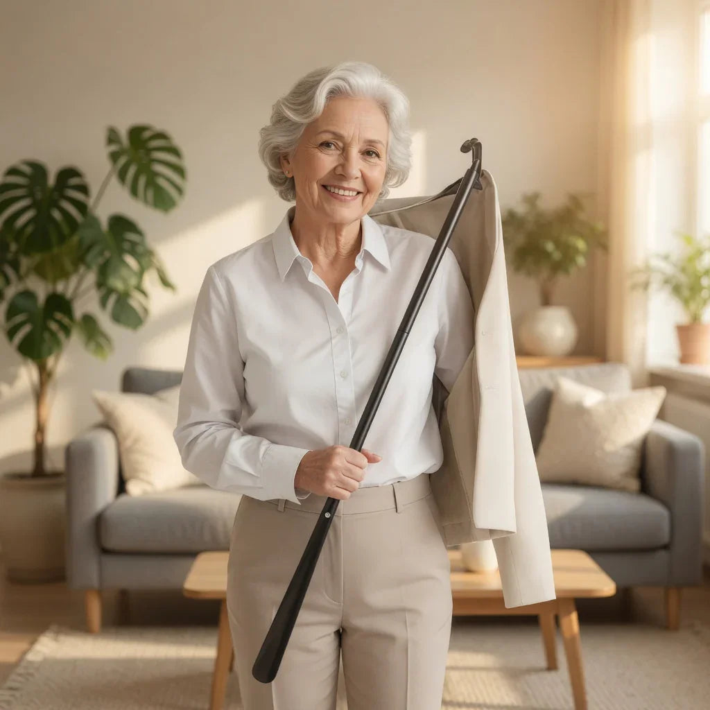 Smiling older woman uses adaptive dressing stick to put on a coat in a cozy living room.