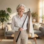 Smiling older woman uses adaptive dressing stick to put on a coat in a cozy living room.