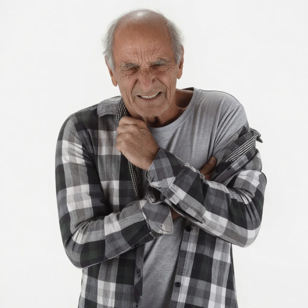 Older man in plaid shirt holding shoulder, grimacing in upper body pain on white background