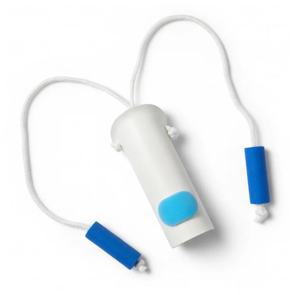 Sock aid device with blue foam grips and white cord for easy dressing assistance
