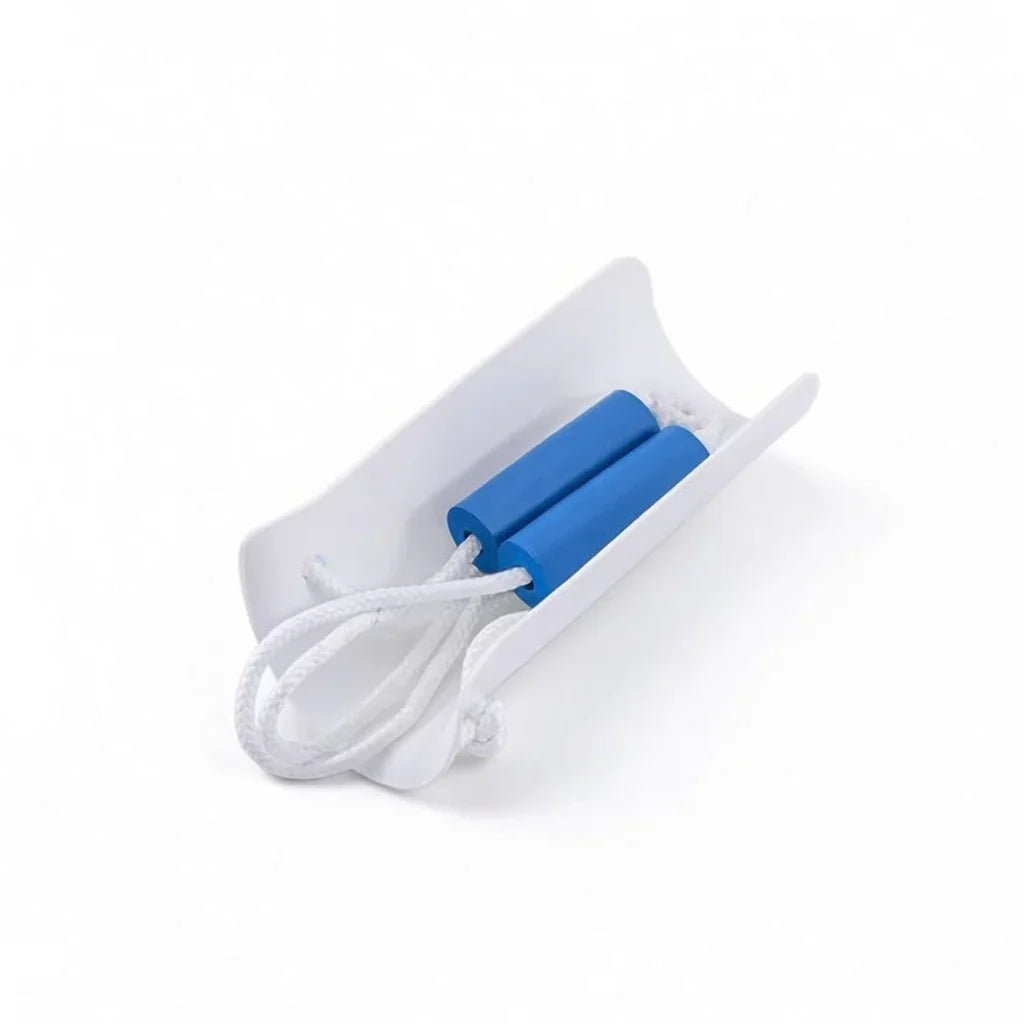 Sock aid device with blue foam handles and white cord, designed for easy sock application