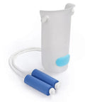 Sock aid device with white plastic body and blue foam handles for easy dressing