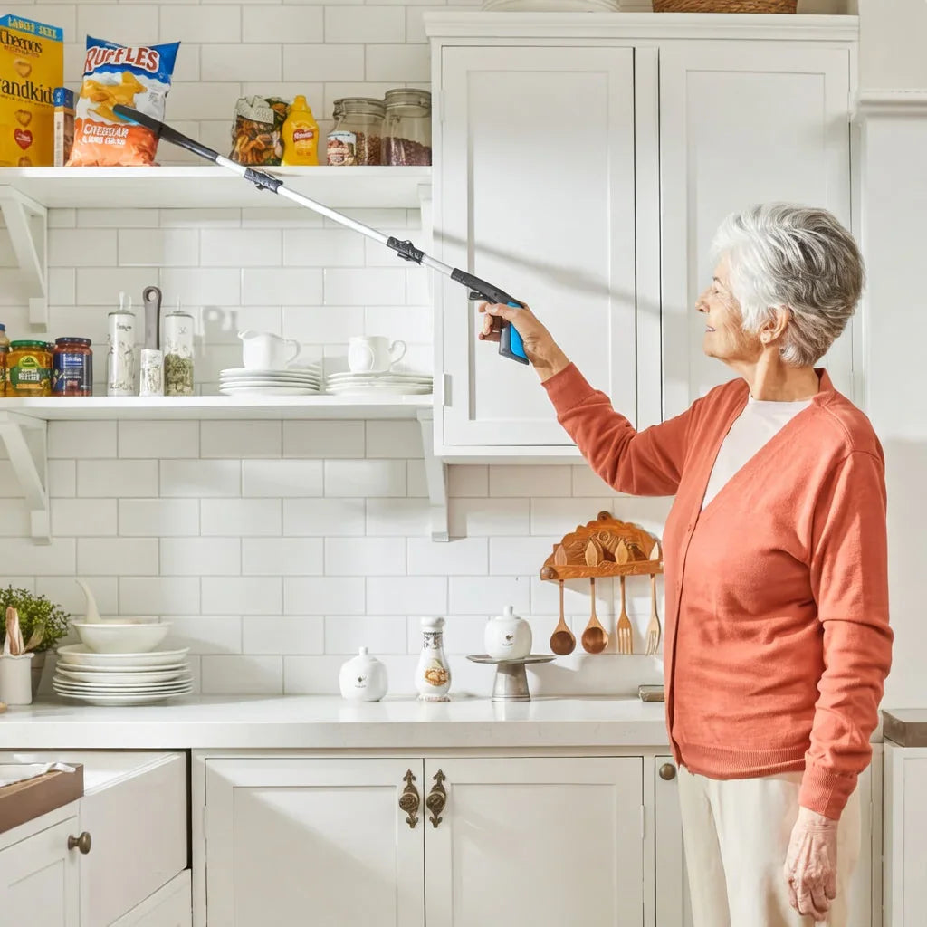 Senior woman using a reacher grabber tool to retrieve snacks from a high kitchen shelf