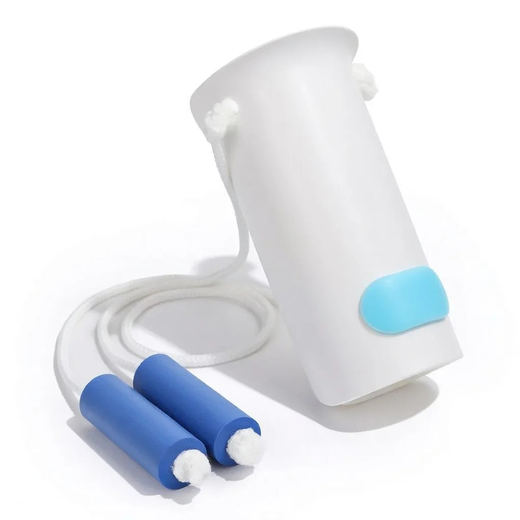 White sock aid with blue foam handles and pull cord for easy sock application