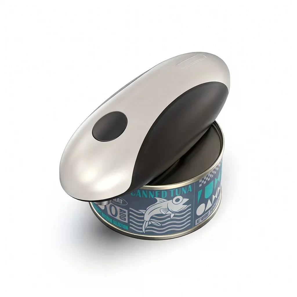 Ergonomic electric can opener on a canned tuna, adaptive kitchen aid for easy opening
