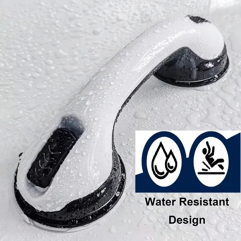 Water-resistant shower grab bar with suction cups for safe, non-slip bathroom support.