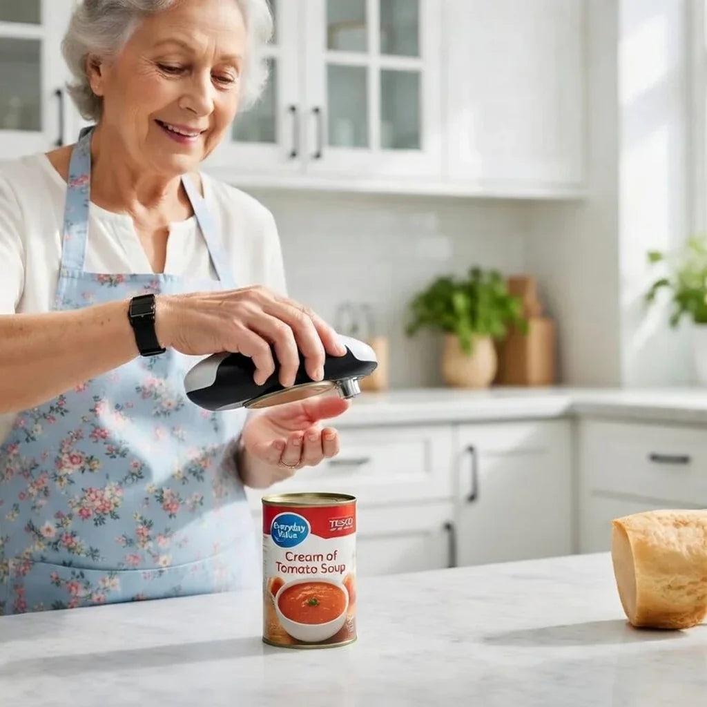 Senior woman using automatic can opener on tomato soup can in bright kitchen