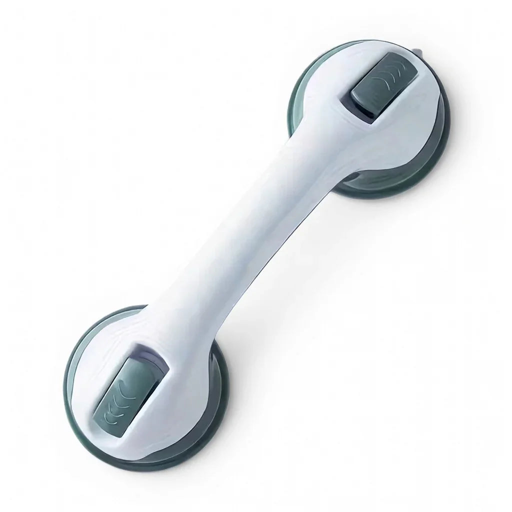 White and gray suction grab bar for bathroom safety and mobility support on white background