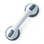 White and gray suction grab bar for bathroom safety and mobility support on white background