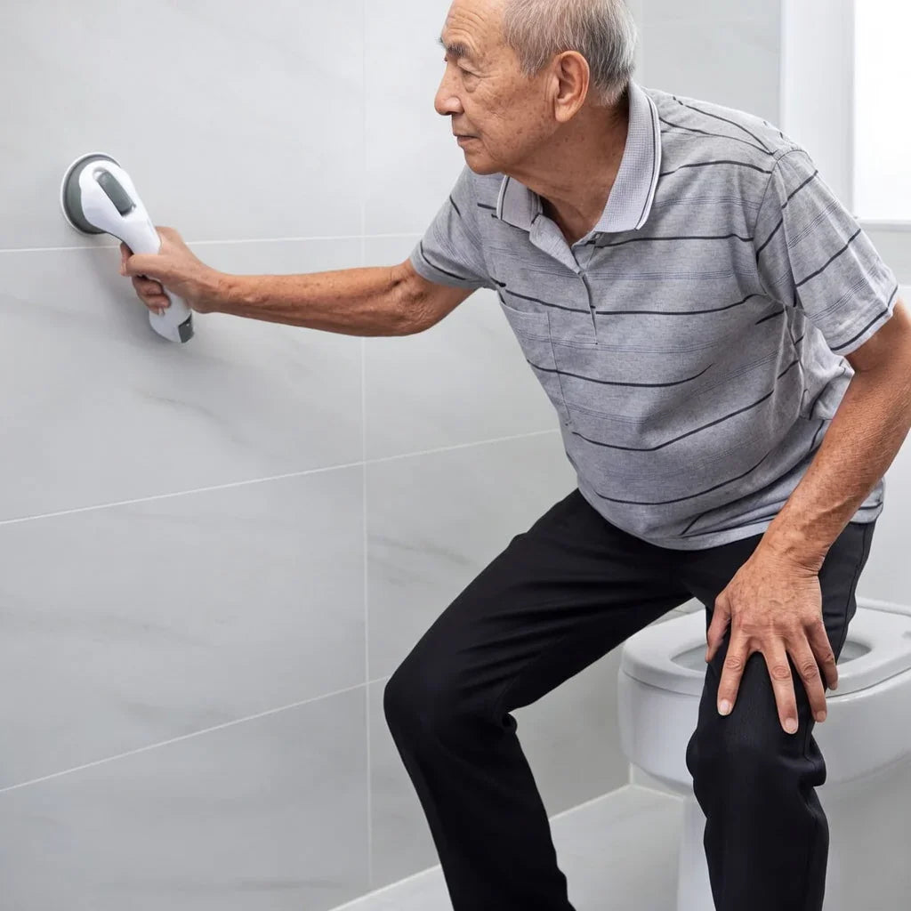 Elderly man using a suction grab bar for bathroom safety near a toilet