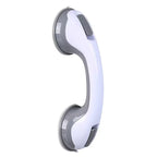White and gray suction grab bar for bathroom safety and mobility support.