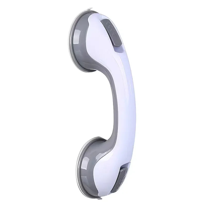 White and gray suction grab bar for bathroom safety and mobility support.