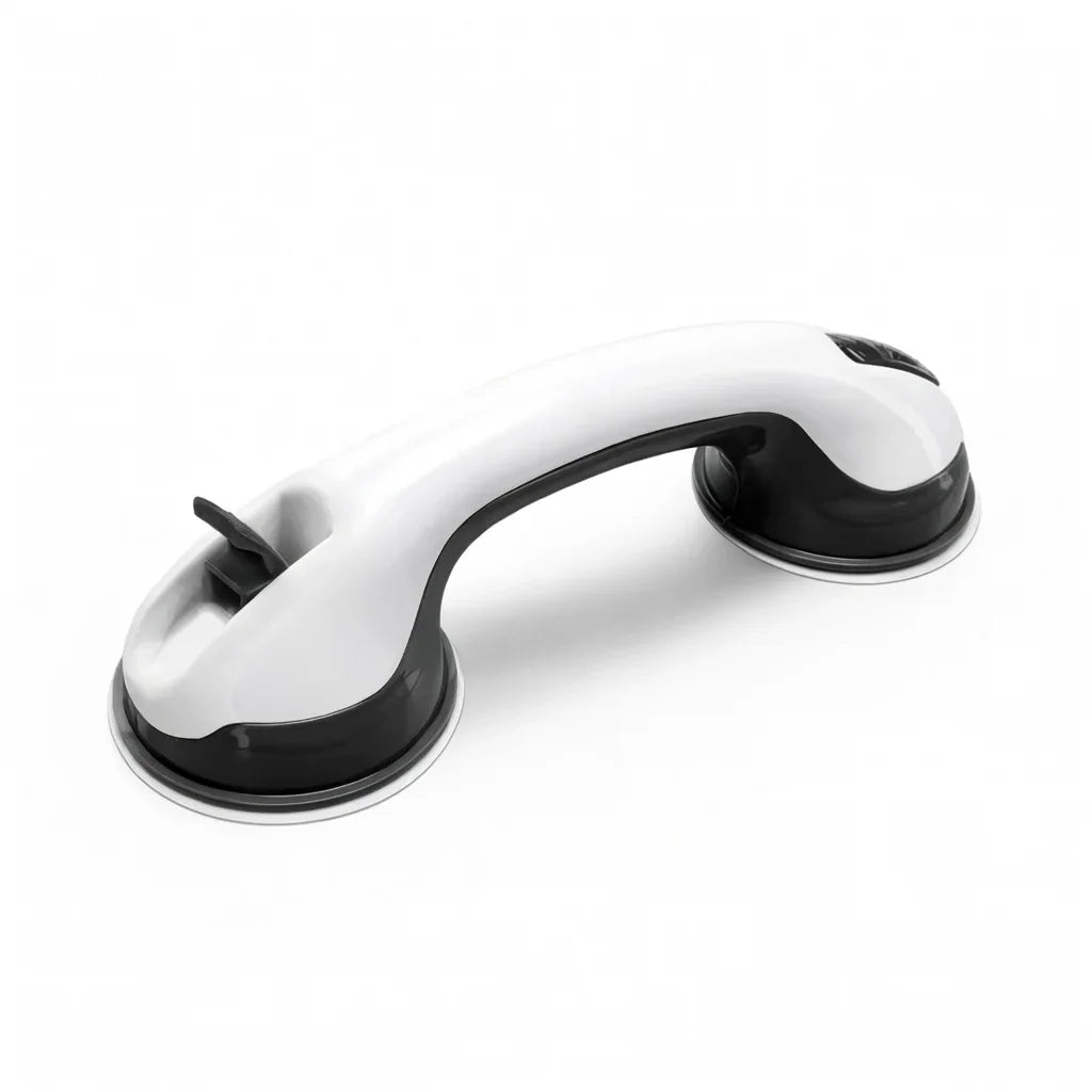White and black suction grab bar for bathroom safety and mobility support